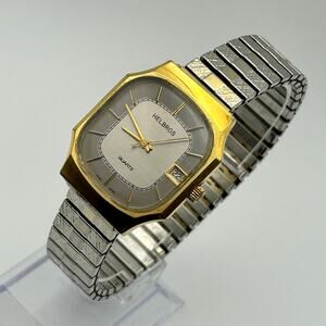 Vintage Helbros Gold-tone Plated Case Silver Stretch Band Quartz Watch